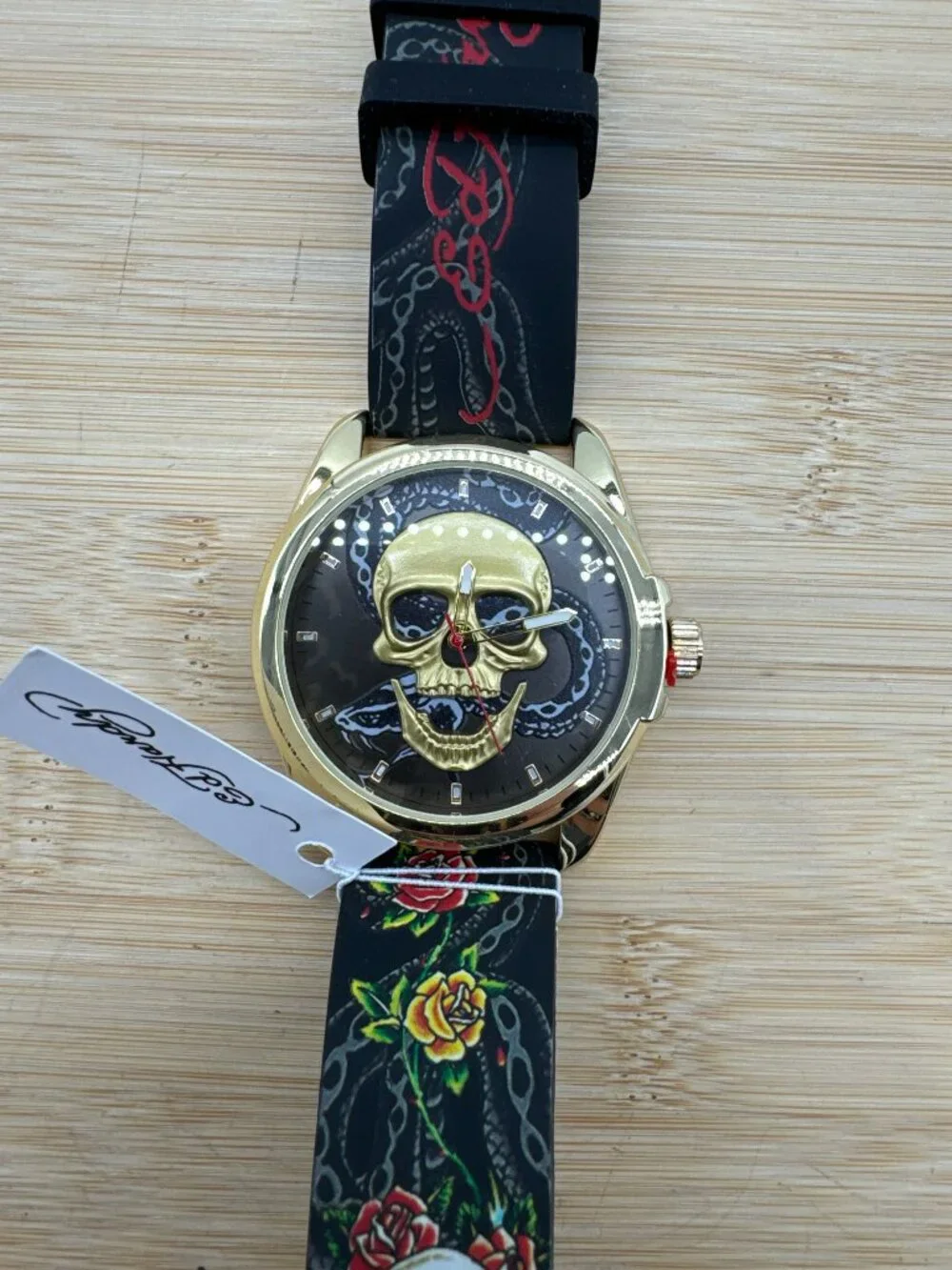 ED HARDY Skull Men's Quartz Movement Gold/Multicolor Print Analog Watch